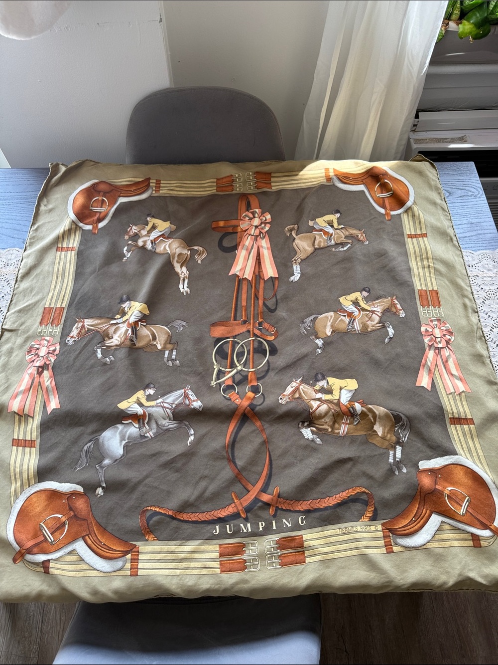 Hermes Jumping Equestrian Print scarf- green